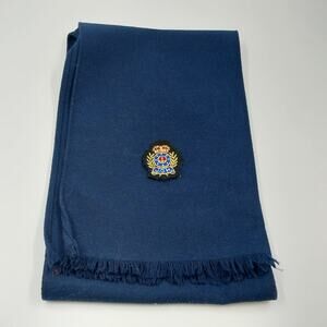 Neck Scarf Navy Wool Unisex Short Fringe Embroidered Crest Collegiate Style 29"